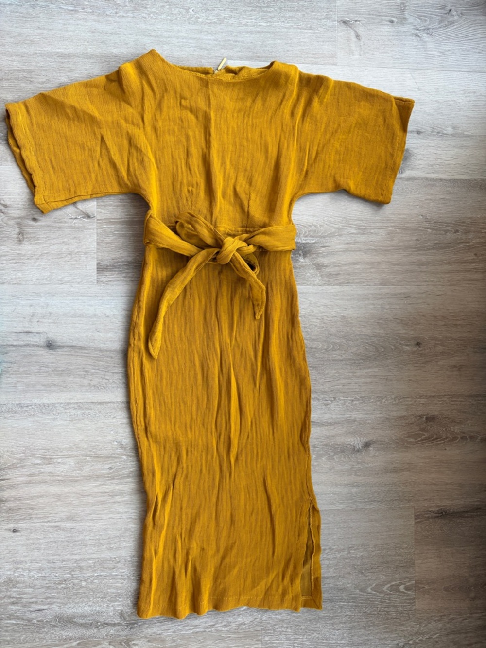 Closet London Mustard Yellow Ribbed Midi Pencil Dress with Tie Belt and Slit